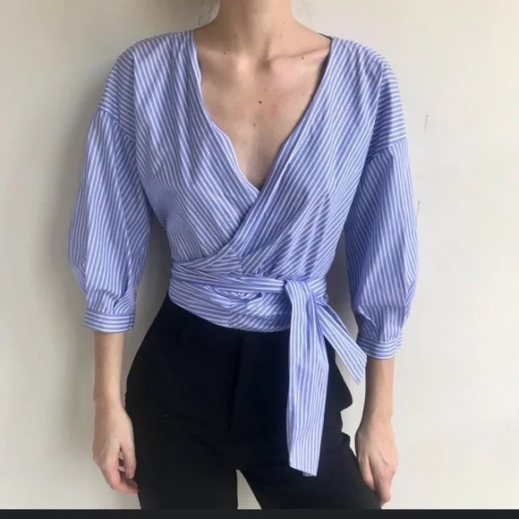 Zara Striped Blue Wrap around Blouse 3/4 sleeve XS - Picture 3 of 8